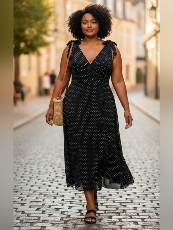 City Chic Dresses & Skirts - City Chic Women's S/16 Black White Polka Dot Tie Strap Wrap Midi Dress Plus Size